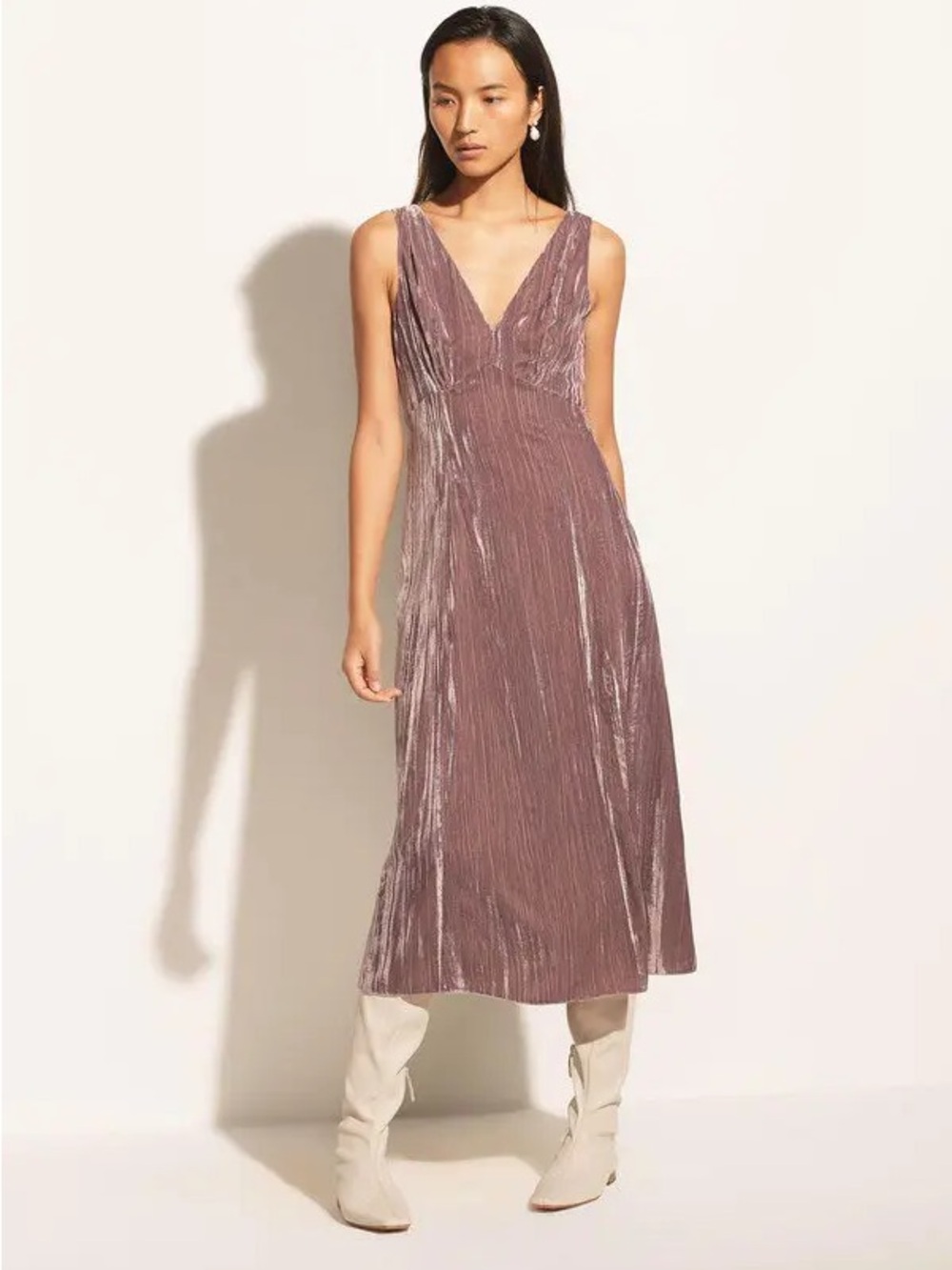 VINCE Pintuck Paneled V-Neck Dress New With Tags Mauve Velvet